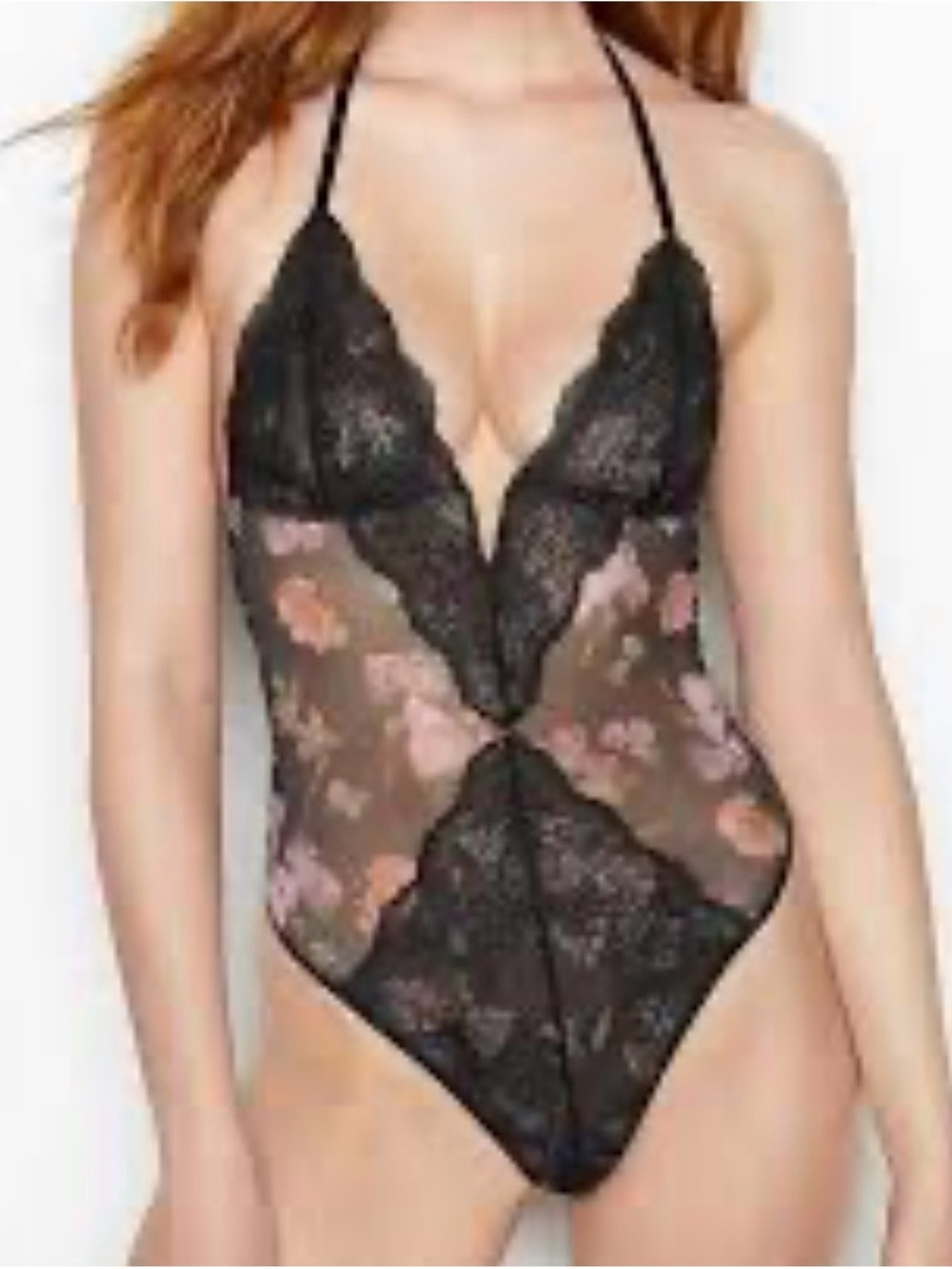 Victoria's Secret Black Lace Floral Halter Bodysuit
